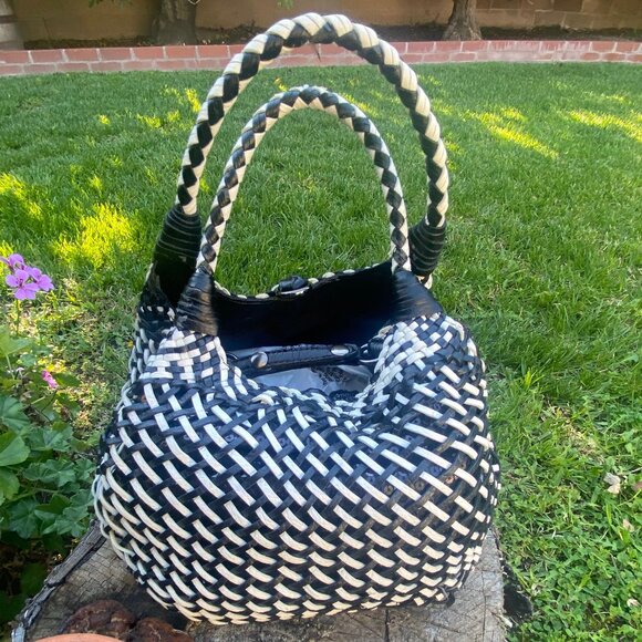 Handbags - Black and White Woven Faux Leather Handbag